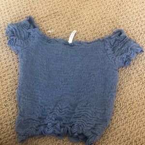 McCaulou’s Department Store Tops - blue ruffle off the shoulder shirt McCaulou’s Department Store Tops - blue ruffle off the shoulder shirt